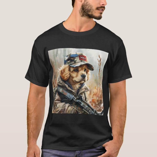T-shirt Cool MAGA Chien avec pistolet et Camouflage Cute c (Devant)