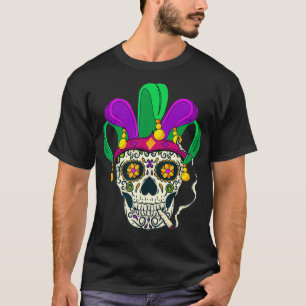 T-shirt Cool Mardi Gras Candy Crâne portant Mardi Gras Cas