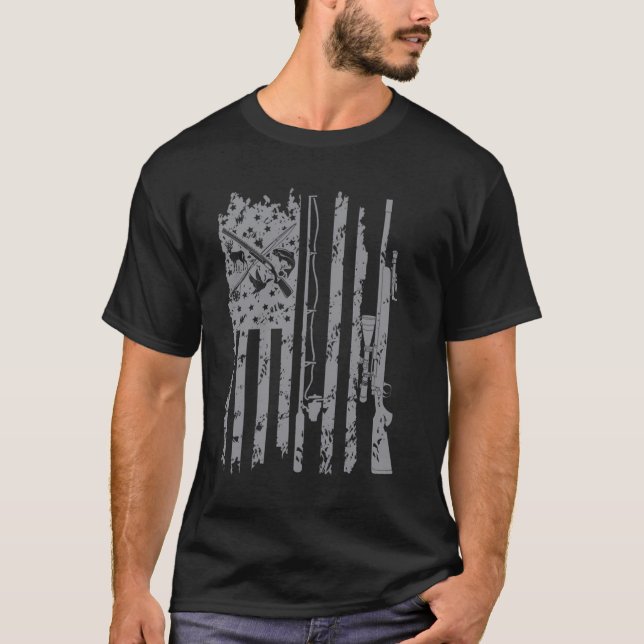 T-shirt Cool Pêche Rod Chasse Rifle Drapeau américain Cade (Devant)