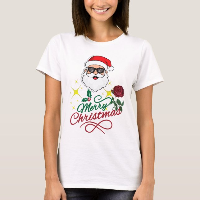 T-shirt Cool Père Noël Joyeux Noël avec Rose & Holly (Devant)