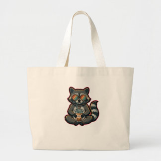 T-Shirt Cool Raccoon Drinking Oat Milk Iced Coffee Large Tote Bag