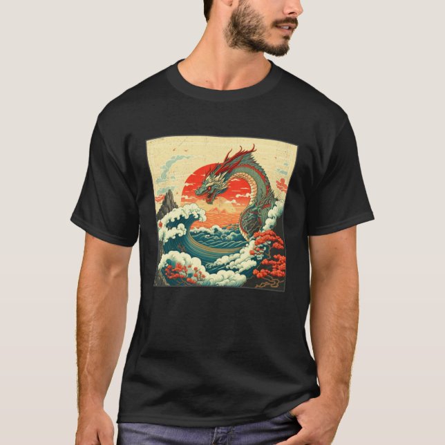 T-shirt Cool Sea Dragon Illustration Ocean Waves Sunset Wo (Devant)