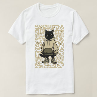 T-shirt Cool Streetwear Black Cat in Hoodie: Pixelated Urb