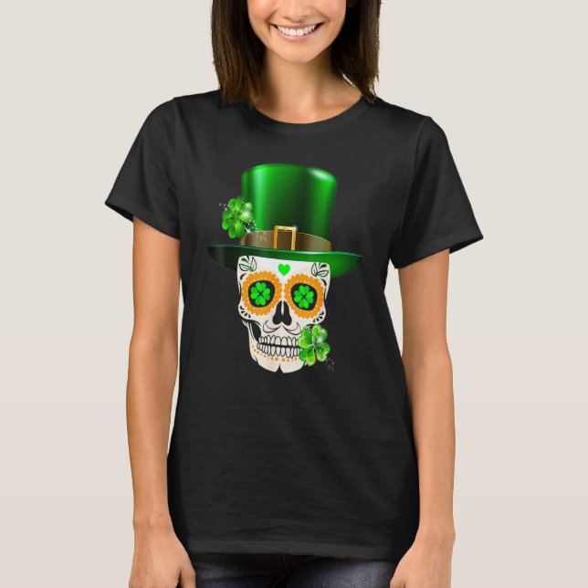 T-shirt Cool Sugar Skull St Patrick's Day Shamrock Irish L (Devant)