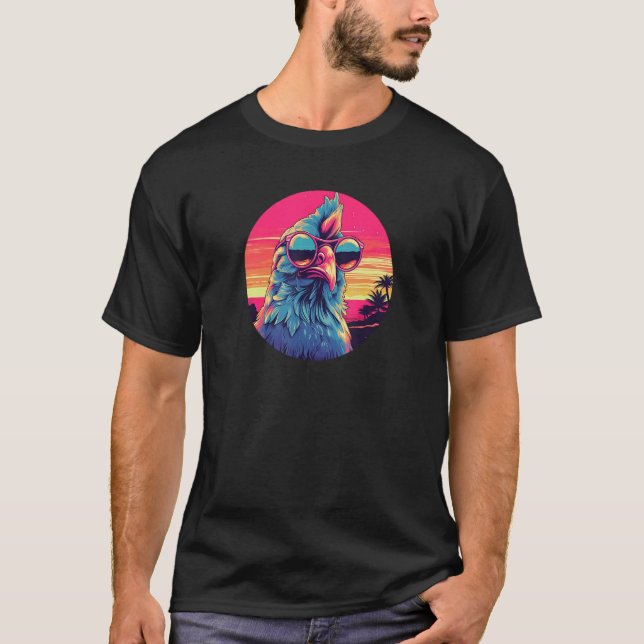 T-shirt Coq Synthwave avec lunettes de soleil Retro 80s Ch (Devant)