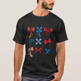 T-shirt Coquette Bow US Drapeau Juillet 4 Rouge Blanc Bleu
