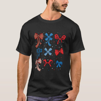 T-shirt Coquette Bow US Drapeau Juillet 4 Rouge Blanc Bleu