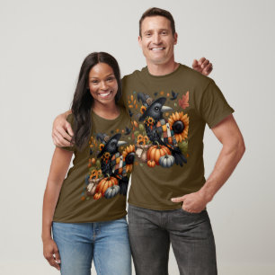 T-shirt Corbeau fantaisiste avec citrouilles et tournesols