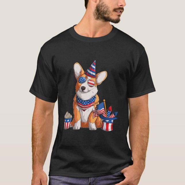 T-shirt Corgi 4 juillet American Sunglasses Dog USA (Devant)
