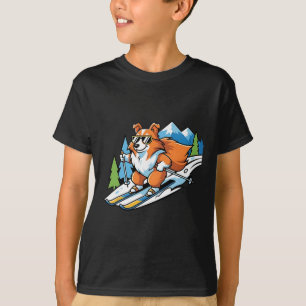 T-shirt Corgi alpin sur skis Lunettes de soleil cool Scène