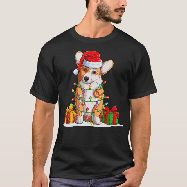 T-shirt Corgi Christmas Tree Light Joyeux Noël (Devant)