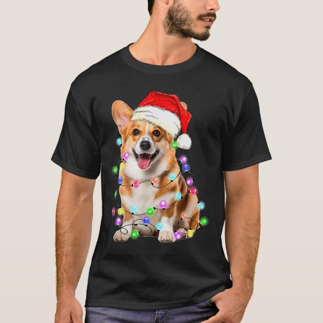 T-shirt Corgi Dog Christmas Lights Pajama Funny  (Devant)
