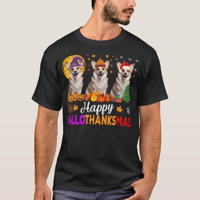 T-shirt Corgi Dog Halloween Christmas Hallothanksmas (Devant)