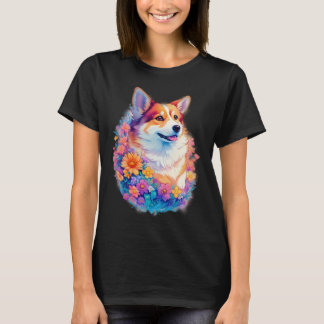 T-shirt Corgi floral arc-en-ciel Graphique de chien mignon