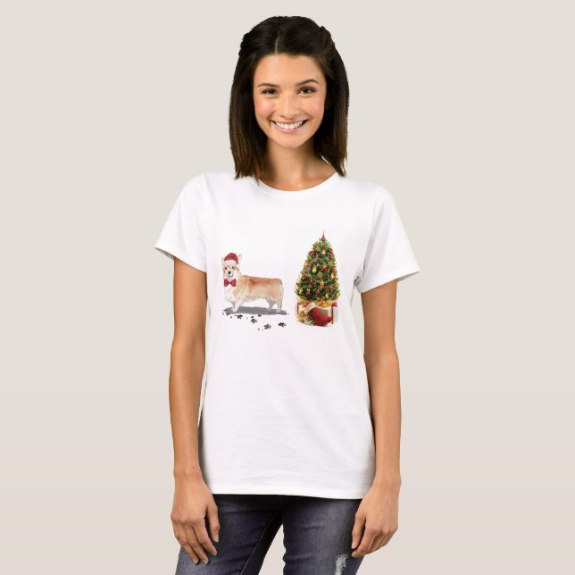 T-shirt Corgi Funny Chien de Noël avec arbre (Devant entier)