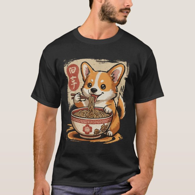 T-shirt Corgi manger Ramen (Devant)