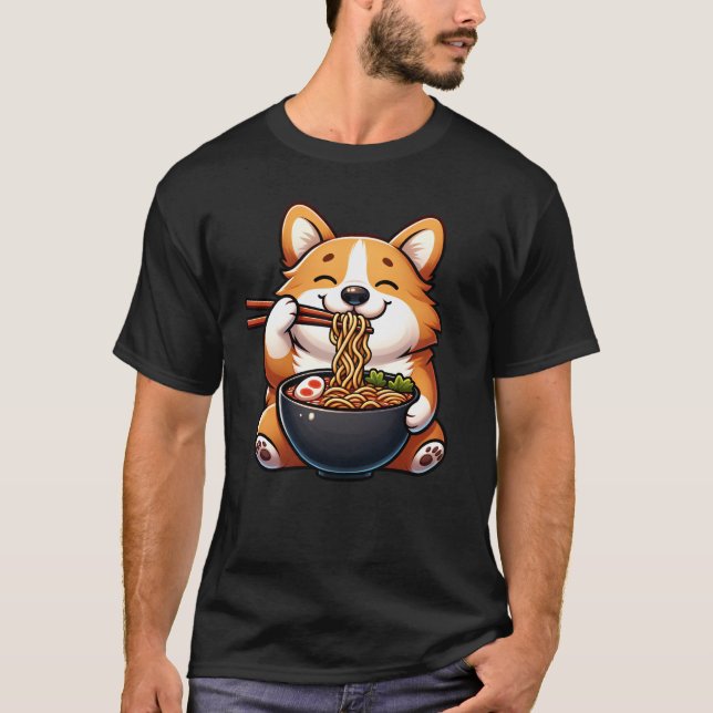 T-shirt Corgi manger Ramen Noodle Anime Kawaii Japonais (Devant)