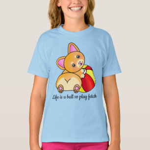 T-shirt Corgi mignonne orange avec balle de plage rouge et