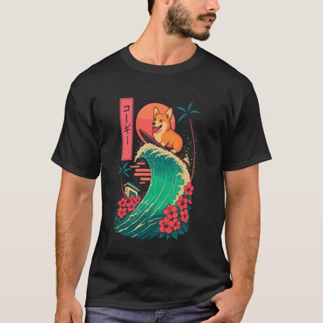 T-shirt Corgi surfe sur une vague japonaise (Devant)