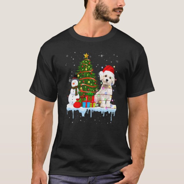 T-shirt Costume Chien Maltais Père Noël Éclairage Casquett (Devant)