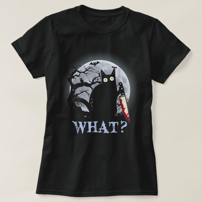 T-shirt Costume de chat tueur noir Halloween avec couteau  (Design devant)