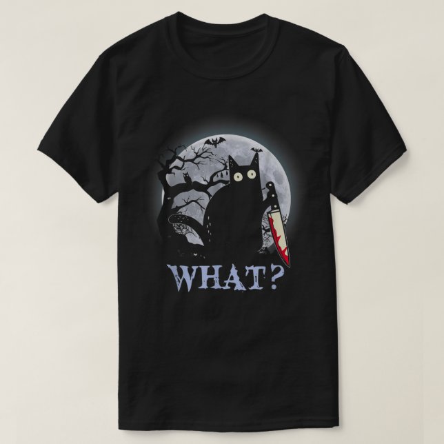 T-shirt Costume de chat tueur noir Halloween avec couteau  (Design devant)