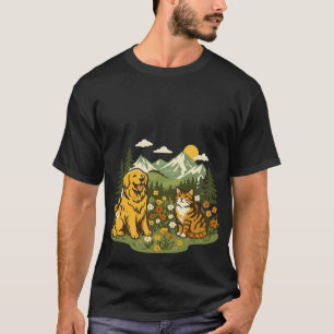 T-shirt Cottagecore Chien Chat Prairie de Fleurs Sauvages