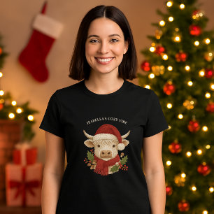 T-shirt Cottagecore rustique Highland Cow Santa Hat noir