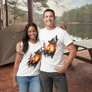 T-shirt Coucher de soleil à double exposition du loup hurl