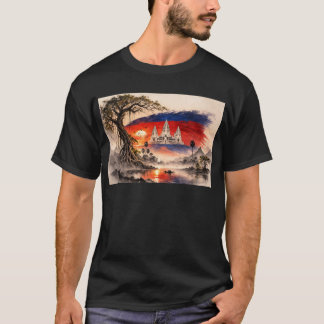 T-shirt Coucher de soleil avec drapeau cambodgien