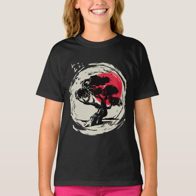 T-shirt Coucher de soleil japonais Bonsai Art (Devant)