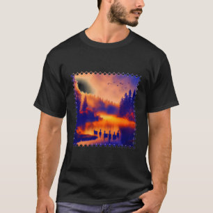 T-shirt Coucher de soleil orange coloré avec des canards s