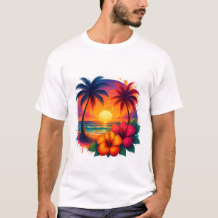 T-shirt Coucher de soleil tropical avec palmiers et Hibisc