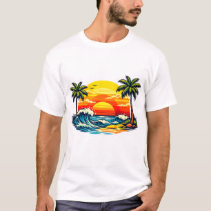 T-shirt Coucher de soleil vintage d'été Palmiers Vagues de