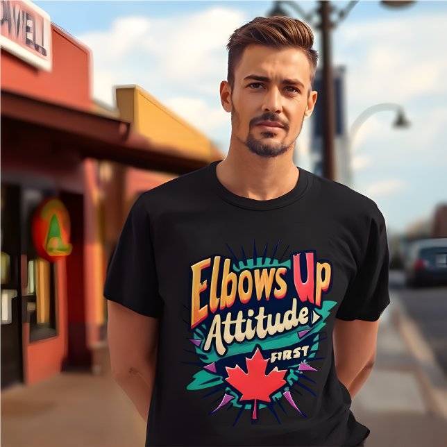 T-shirt Coudes Rétro vers le haut, Attitude d'abord noir (Retro ELBOWS Up, Attitude First Black T-Shirt)