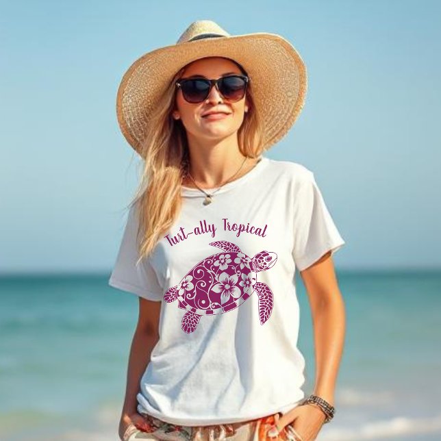 T-shirt Couleur de vin Tropical Tortue Hawaïenne (Hawaiian Turtle-Turt-ally Tropical-Fisherman Core, Coastal, Islander, Beach, Summer, Women T shirt)