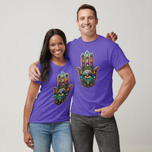 T-shirt Couleurs de paon Hamsa avec troisième œil doré