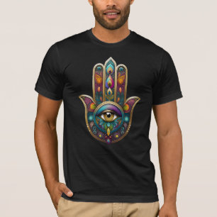 T-shirt Couleurs de paon Hamsa avec Troisième Œil en or