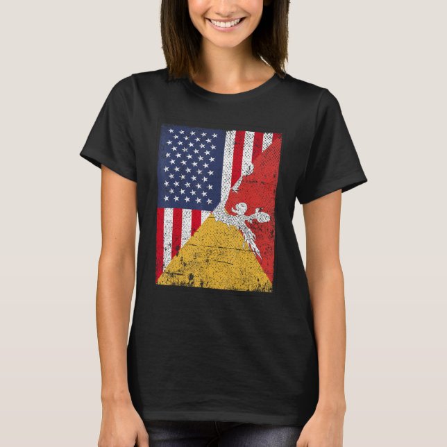 T-shirt Country Flag Design  Half USA Half Bhutan (Devant)