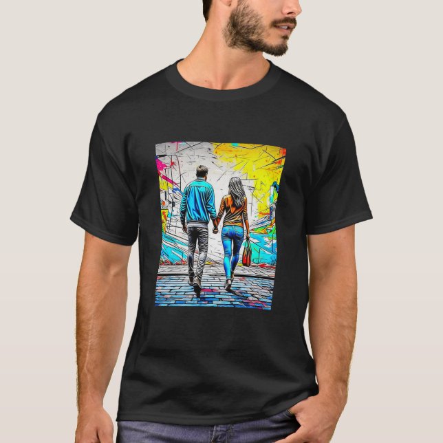 T-shirt Couple Holding Mains Urbaine Street Art (Devant)
