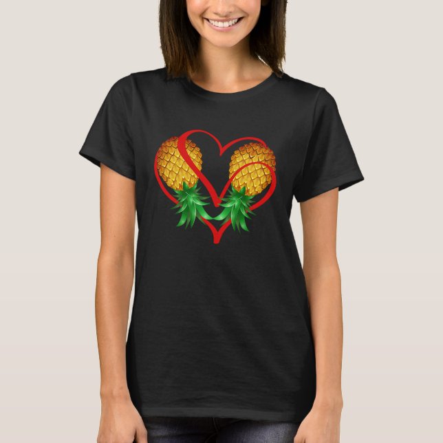 T-shirt Couple Swinger Upside Down Pineapple with Red Hear (Devant)
