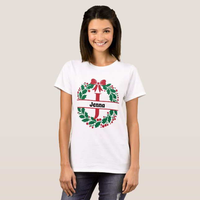 T-shirt Couronne de Noël Famille Correspondance Nom lettre (Devant entier)