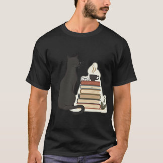 T-shirt Cozy Black Cat Book Lover Coffee and Reading
