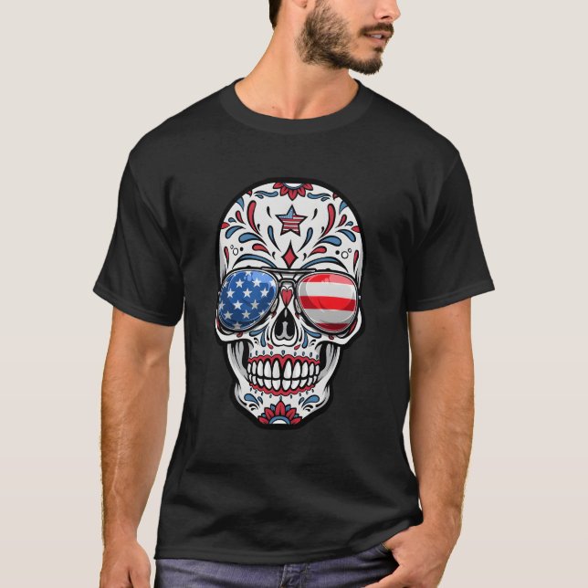 T-shirt Crâne à sucre 4 juillet Drapeau américain Lunettes (Devant)