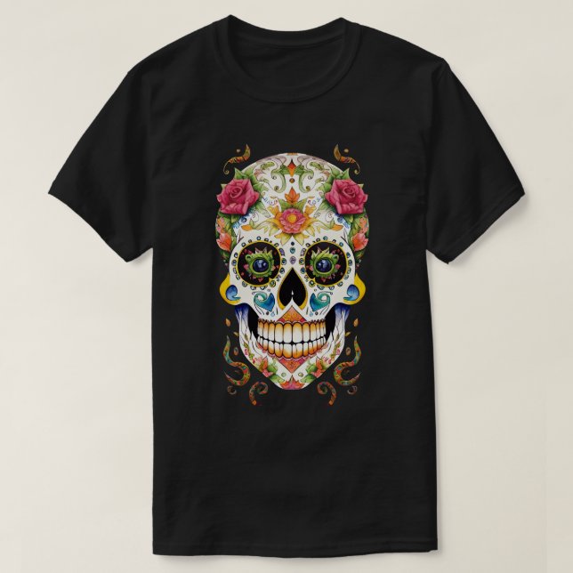T-shirt Crâne à sucre - Festive aux roses roses roses (Design devant)