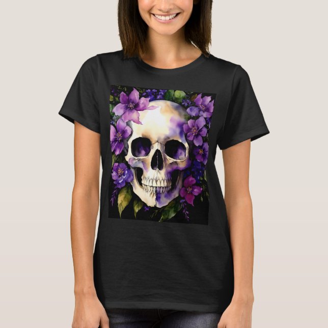 T-shirt Crâne aux fleurs violettes Goth Aquarelle Art (Devant)