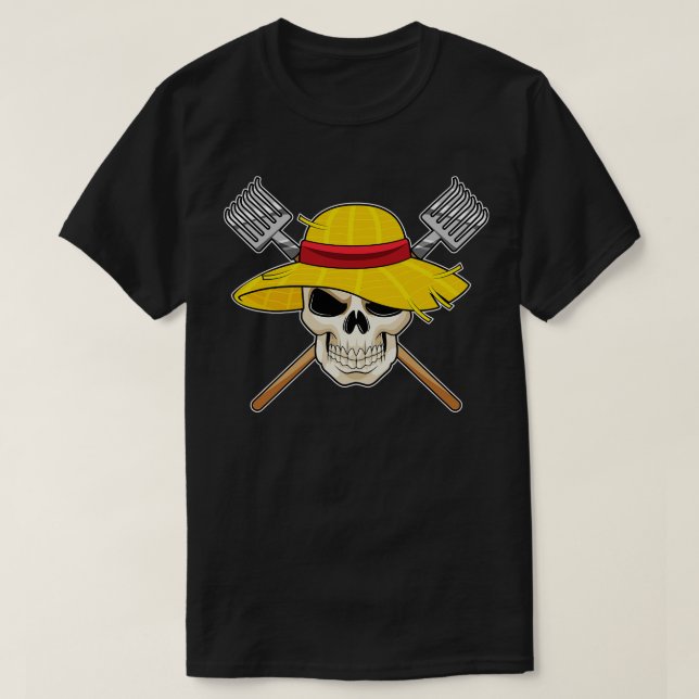 T-shirt Crâne avec chapeau en fermier avec râteau (Design devant)