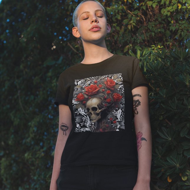 T-shirt Crâne avec Roses de cheveux sauvages en Feuille Vi (Créateur téléchargé)