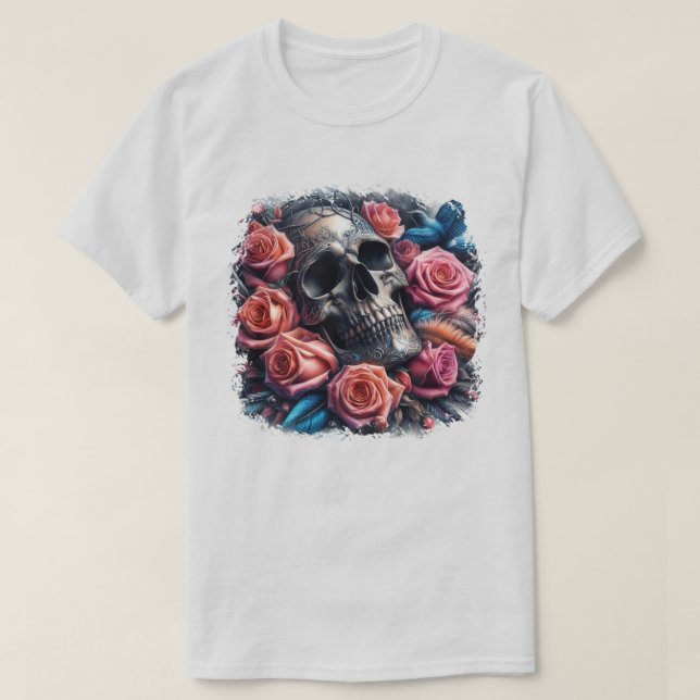 T-shirt Crâne avec Roses et Bluebird (Design devant)