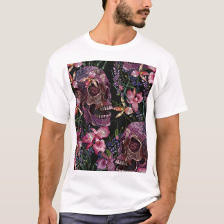 T-shirt Crâne brodé : Motif gothique de l'orchidée